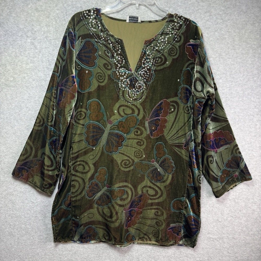 VTG Bella Terra Tunic Top Velvet Beaded XL Butterflies Whimsigoth Boho Gypsy